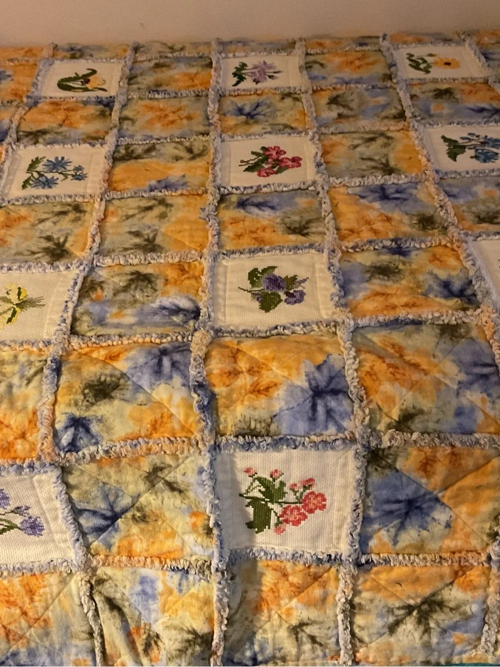 Vintage Handmade Floral Patchwork embroidered Quilt .